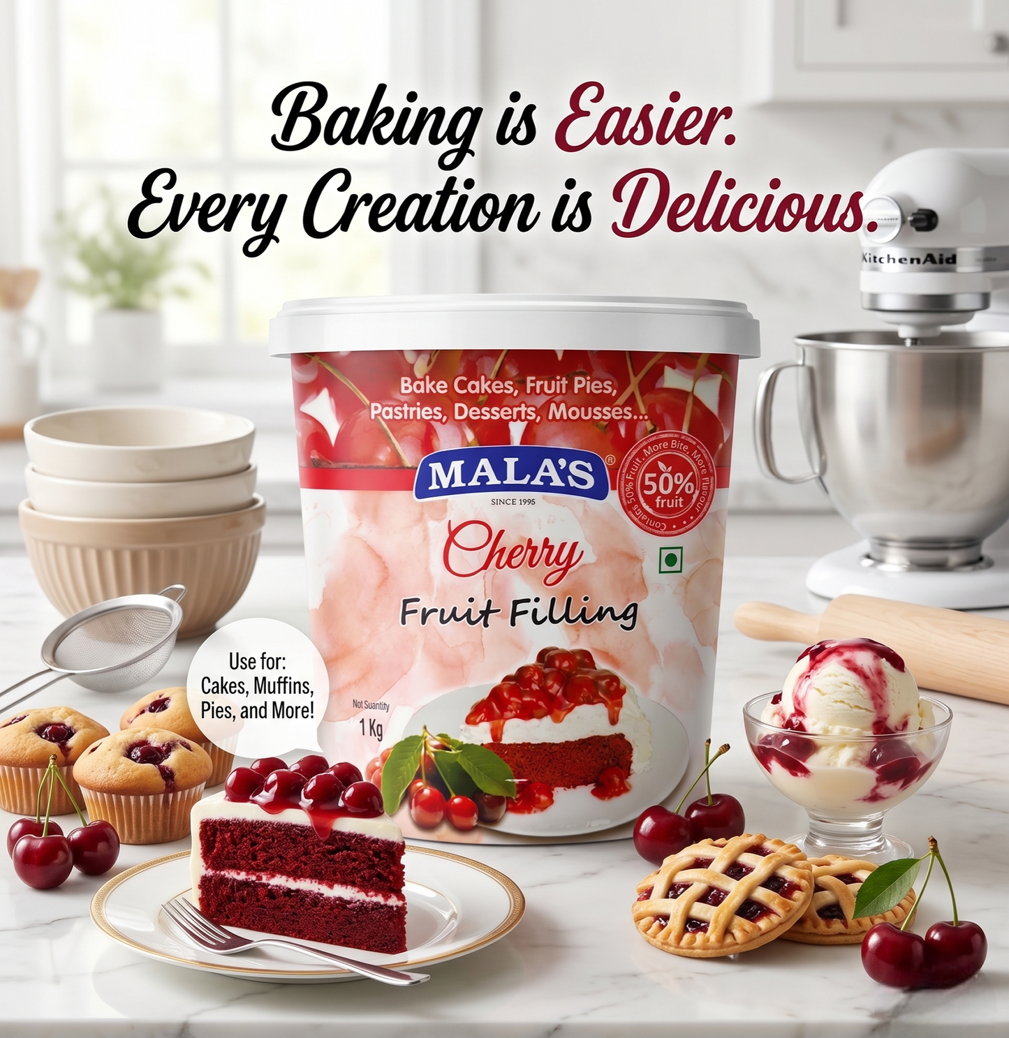 Mala’s Cherry Fruit Filling – 1kg (50% Real Fruit)