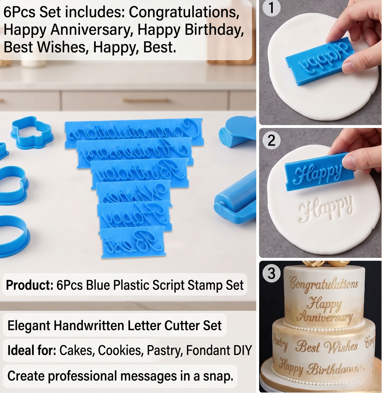 6 Pcs Cake Word Stamp Set – Happy Birthday, Best Wishes, Congratulations, Anniversary – Handwritten Letter Cutter for Cake & Cookies