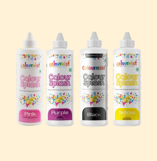 Colourmist Colour Splash Multipurpose Liquid Food Colour Combo Pack – Pink, Purple, Black & Yellow (200g Each)