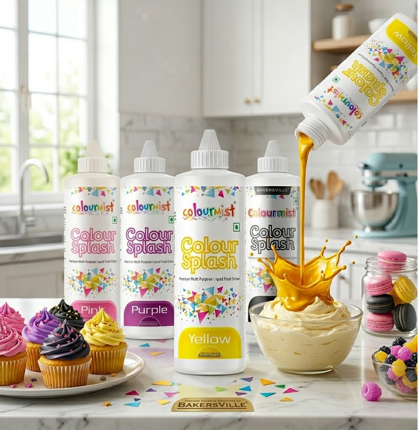 Colourmist Colour Splash Multipurpose Liquid Food Colour Combo Pack – Pink, Purple, Black & Yellow (200g Each)