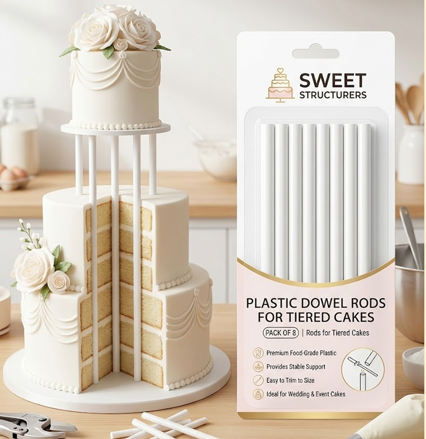 Plastic Dowel Rods for Tiered Cakes – Pack of 8